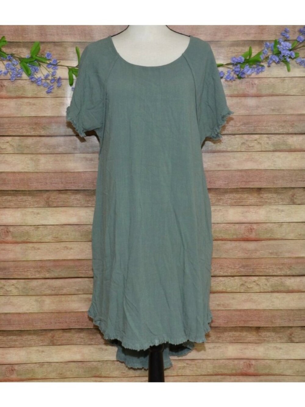 Umgee Women's M Green Linen Cotton Lagoon Tunic Top Mini Dress w/Fringe Trim